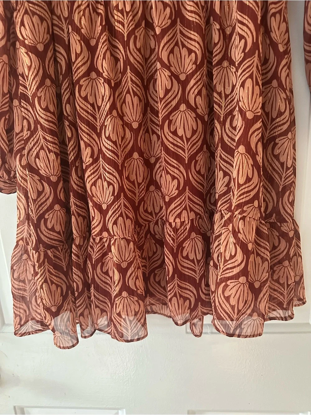 Boho Floral Print Ruffle‎ Tier Skirt Sheer Long Sleeve Dress. Size large.